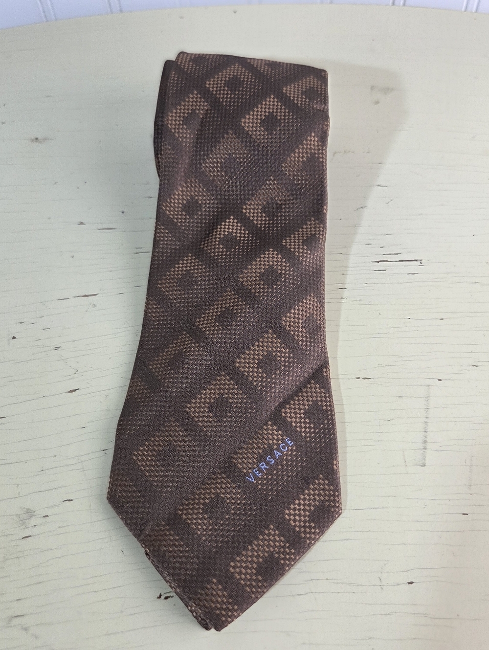 Versace Silk Tie Brown Geometric Medusa Logo Italy Designer Luxury Necktie Class